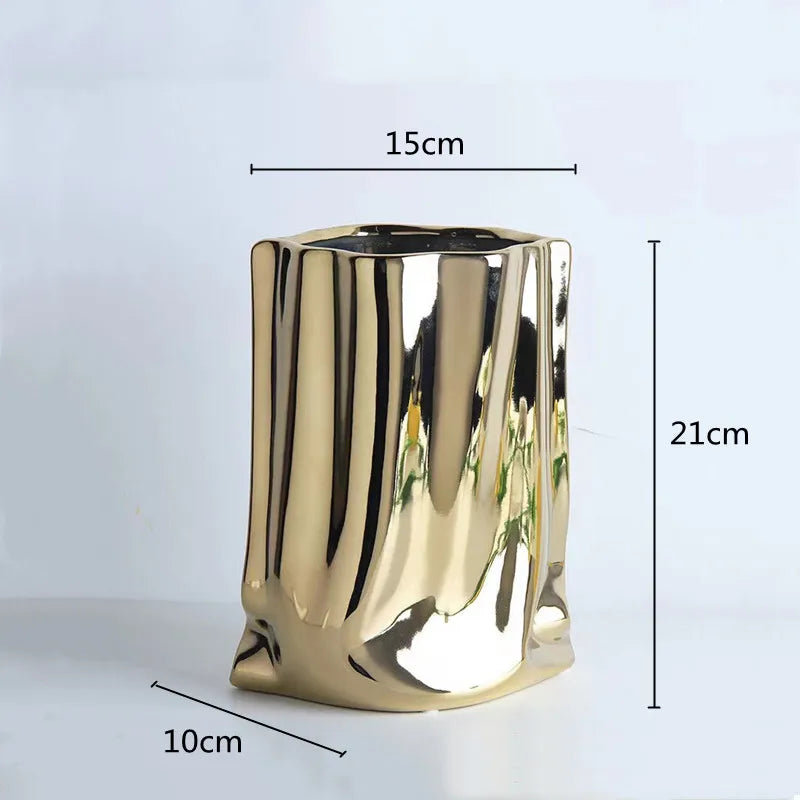 CHROME and GOLD Flower Vase Ceramic Vase Porcelain Flower Arrangement Decoration Bag Shape Terrarium Home Decoration Vases Pots