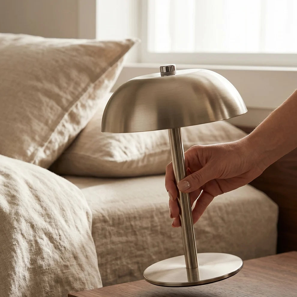 Stainless Steal Mushroom Table Lamp, Touch Control 3-Color Dimmable LED Desk Light, Cordless Rechargeable Eye-Caring Bedside Lamp