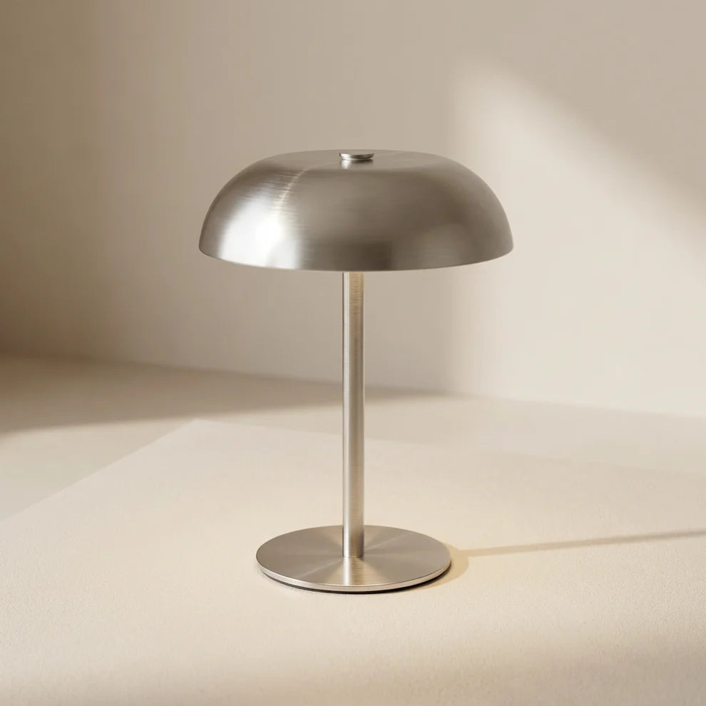 Stainless Steal Mushroom Table Lamp, Touch Control 3-Color Dimmable LED Desk Light, Cordless Rechargeable Eye-Caring Bedside Lamp