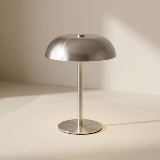 Stainless Steal Mushroom Table Lamp, Touch Control 3-Color Dimmable LED Desk Light, Cordless Rechargeable Eye-Caring Bedside Lamp