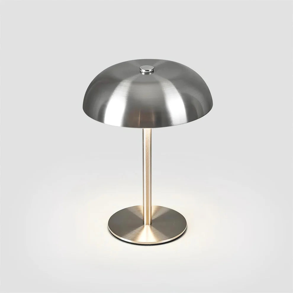 Stainless Steal Mushroom Table Lamp, Touch Control 3-Color Dimmable LED Desk Light, Cordless Rechargeable Eye-Caring Bedside Lamp