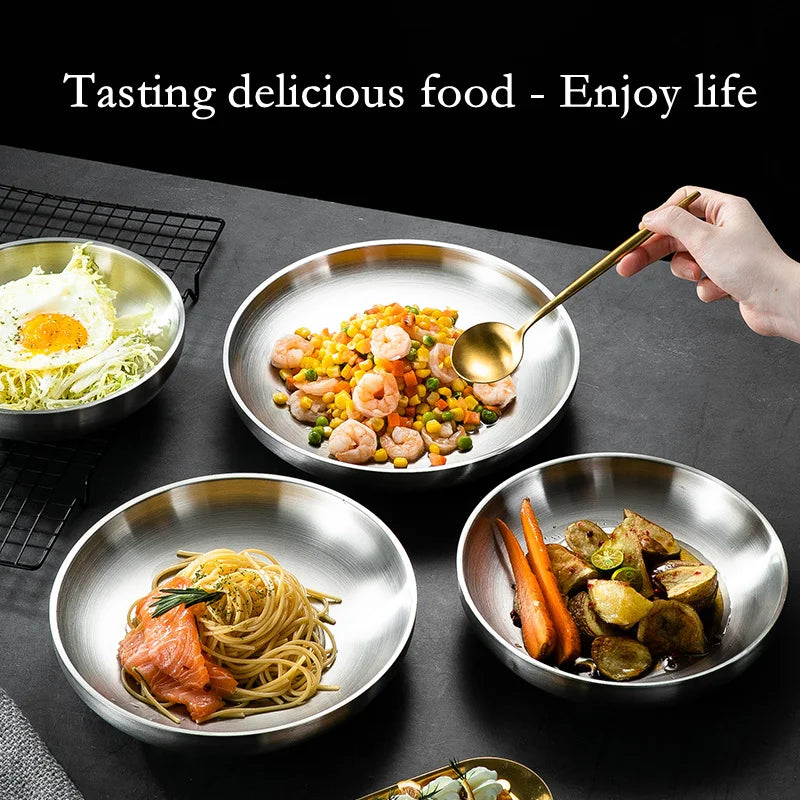Food Grade 304 Stainless Steel Dishes Plate Household Double Layer Insulation Dishes Tray Anti Scalding Tableware Dishes Pan