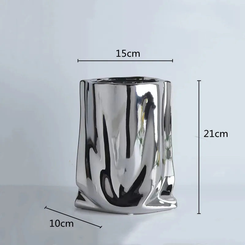 CHROME and GOLD Flower Vase Ceramic Vase Porcelain Flower Arrangement Decoration Bag Shape Terrarium Home Decoration Vases Pots