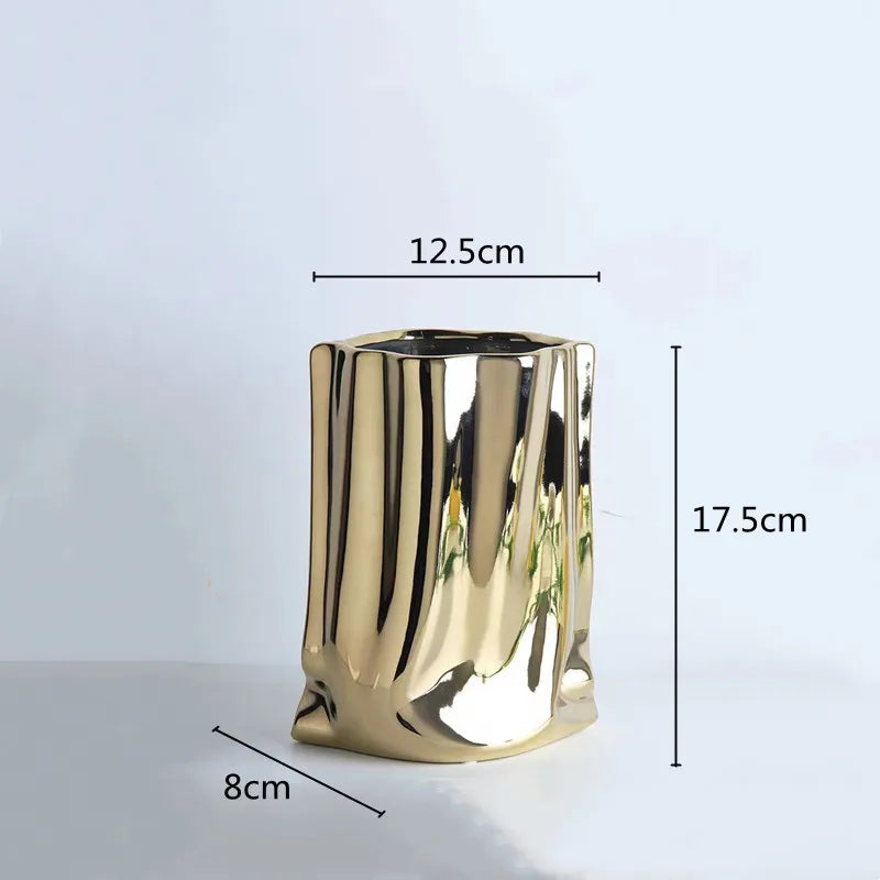 CHROME and GOLD Flower Vase Ceramic Vase Porcelain Flower Arrangement Decoration Bag Shape Terrarium Home Decoration Vases Pots