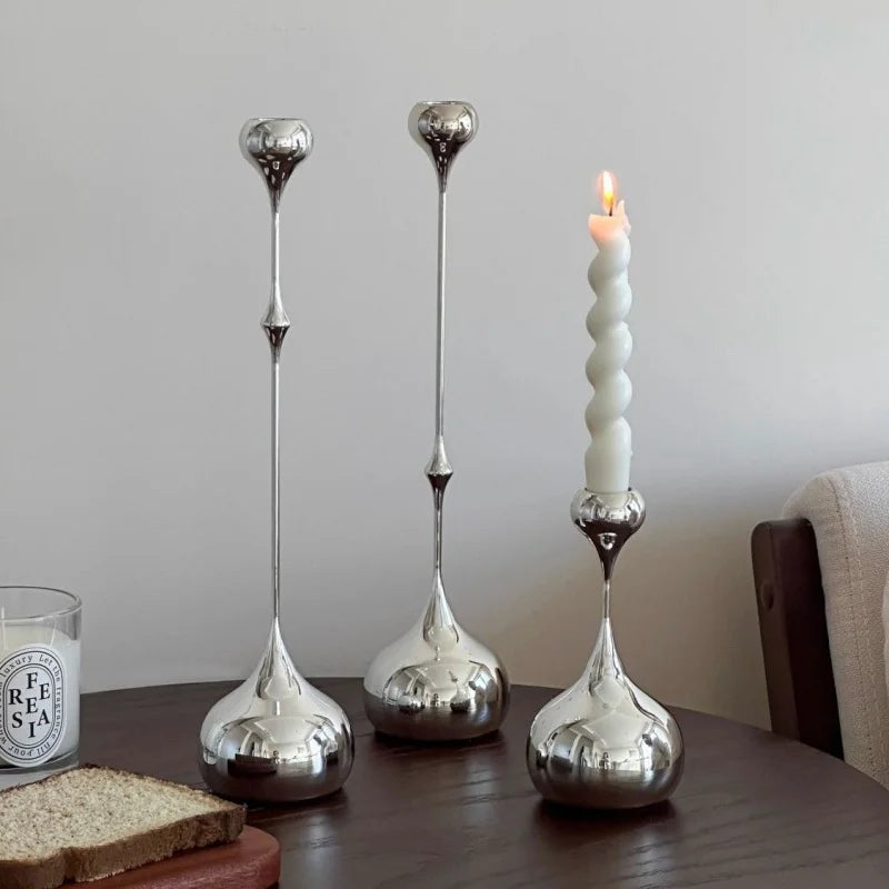 Silver Chrome Candle Holder, Metal Candlestick Romantic Art Table Decoration For Home Dining , Wedding Photography Props