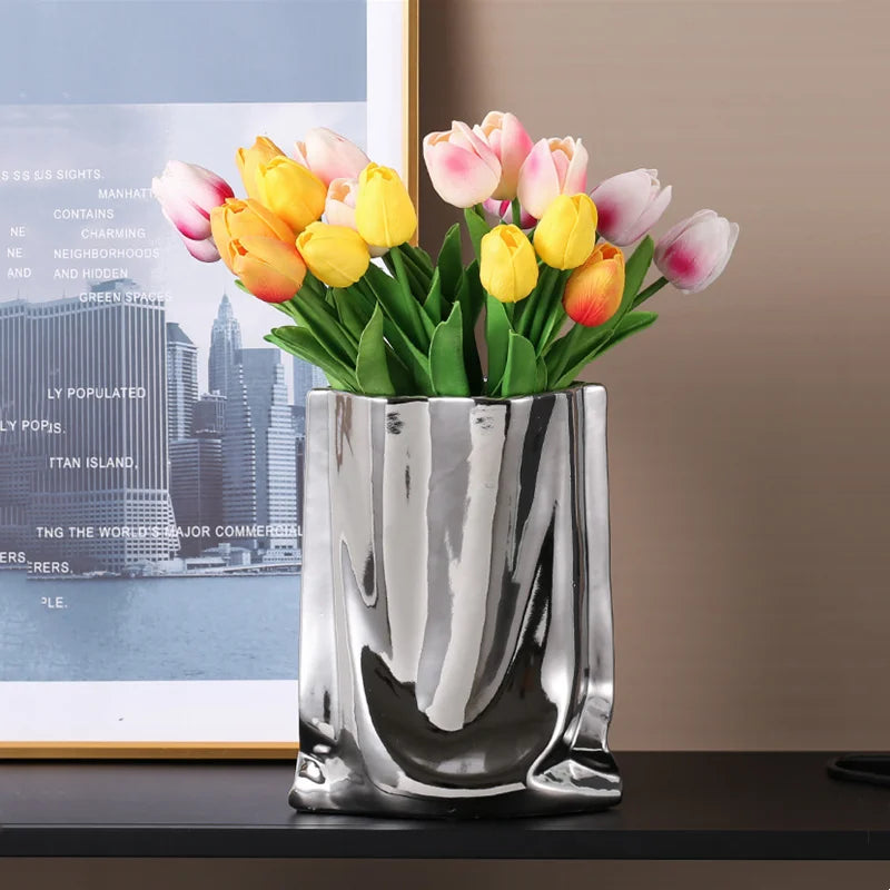 CHROME and GOLD Flower Vase Ceramic Vase Porcelain Flower Arrangement Decoration Bag Shape Terrarium Home Decoration Vases Pots