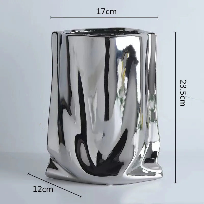 CHROME and GOLD Flower Vase Ceramic Vase Porcelain Flower Arrangement Decoration Bag Shape Terrarium Home Decoration Vases Pots