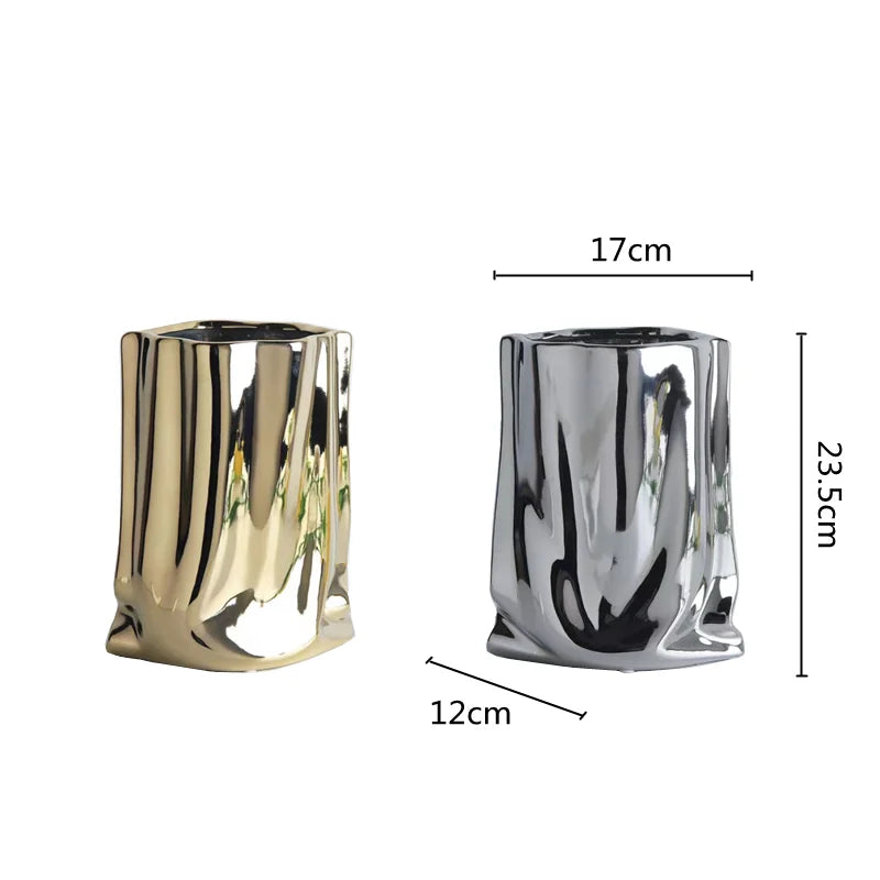 CHROME and GOLD Flower Vase Ceramic Vase Porcelain Flower Arrangement Decoration Bag Shape Terrarium Home Decoration Vases Pots