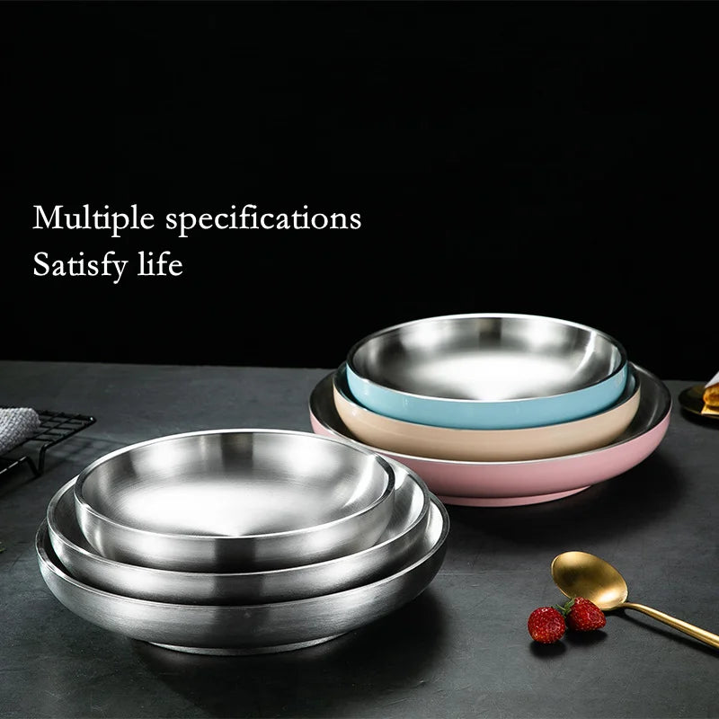 Food Grade 304 Stainless Steel Dishes Plate Household Double Layer Insulation Dishes Tray Anti Scalding Tableware Dishes Pan