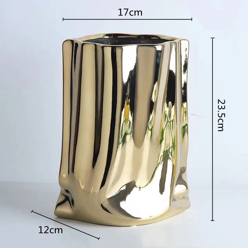 CHROME and GOLD Flower Vase Ceramic Vase Porcelain Flower Arrangement Decoration Bag Shape Terrarium Home Decoration Vases Pots