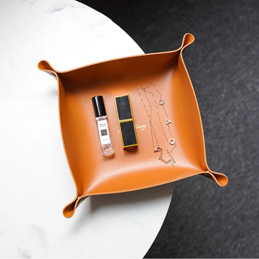 Leather Storage Tray Desktop Organiser For Key Jewellery Cosmetic Storage Box Folding Organiser Home Decoration