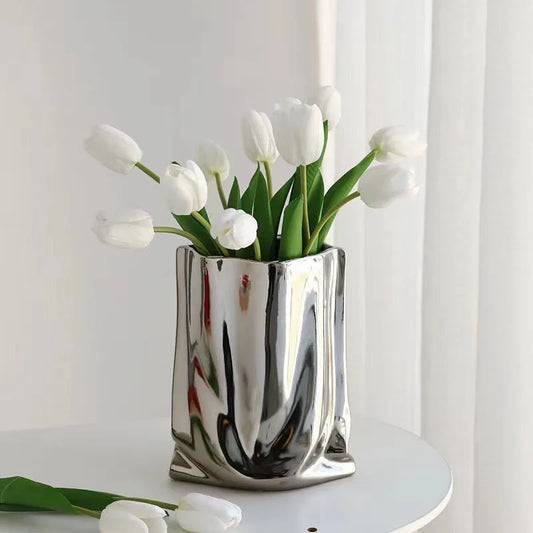 CHROME and GOLD Flower Vase Ceramic Vase Porcelain Flower Arrangement Decoration Bag Shape Terrarium Home Decoration Vases Pots