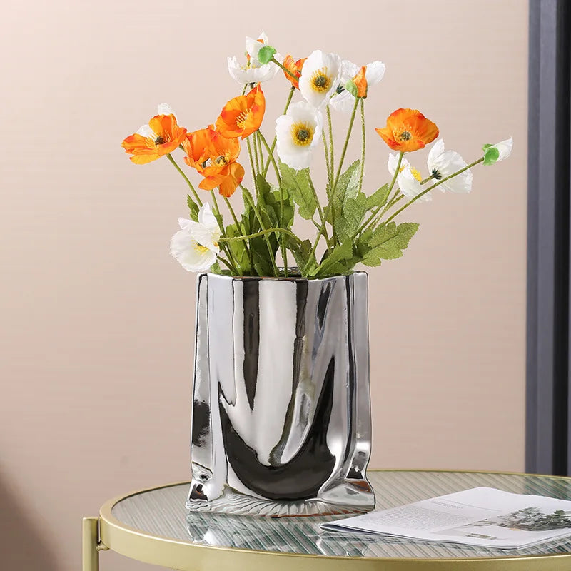 CHROME and GOLD Flower Vase Ceramic Vase Porcelain Flower Arrangement Decoration Bag Shape Terrarium Home Decoration Vases Pots